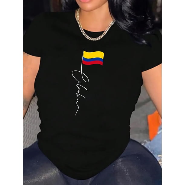 Camiseta De Mujer Ligera Y Suave VeranoWomen's Fashion Casual Round Neck Short Sleeve T-Shirt, Patriotic Flag Line Print, Comfortable Summer Top, Knitted Polyester Fabric, All-Season, Ladies Leisure