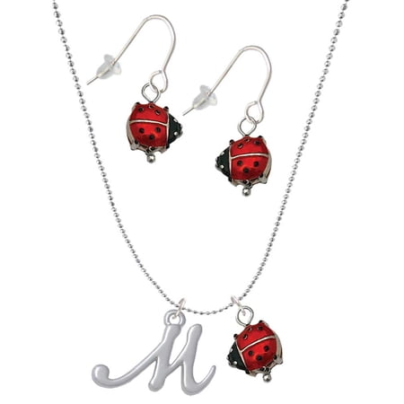 Delight Jewelry Silvertone Small Gelato Script Initial – M – Red Lucky Ladybug Necklace and Dangle Earrings Set