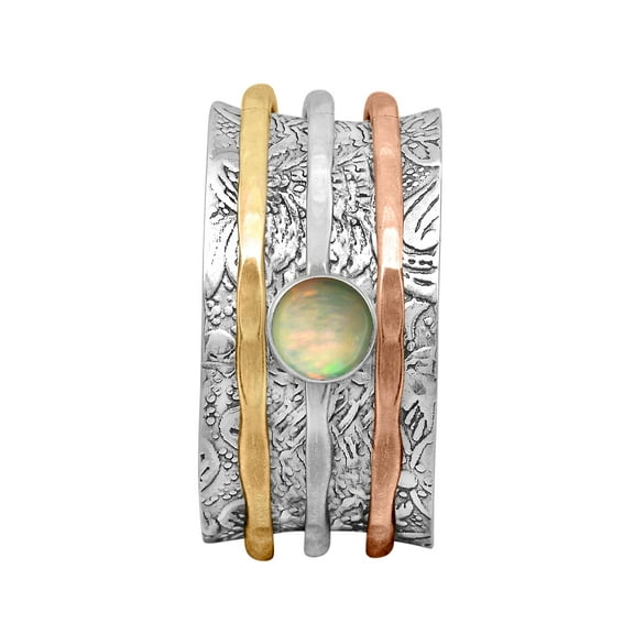 Mooneye 5mm Round Opal 925 Sterling Silver Dual Tone Meditation Women Spinner Valentines Gift Ring