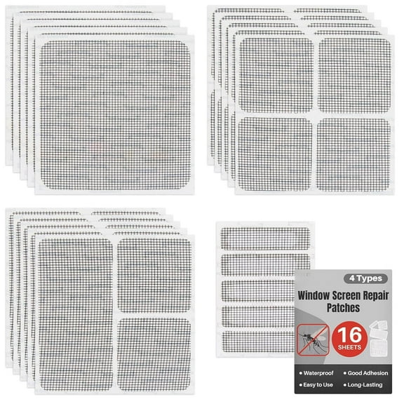 16 Sheets Window Screen Repair, 4 Sizes Self-Adhesive Screen Patch Repair Kit, Screen Repair Tape, for Mesh Screens Door, Window Drain Holes, Strong Adhesion Easy to Use