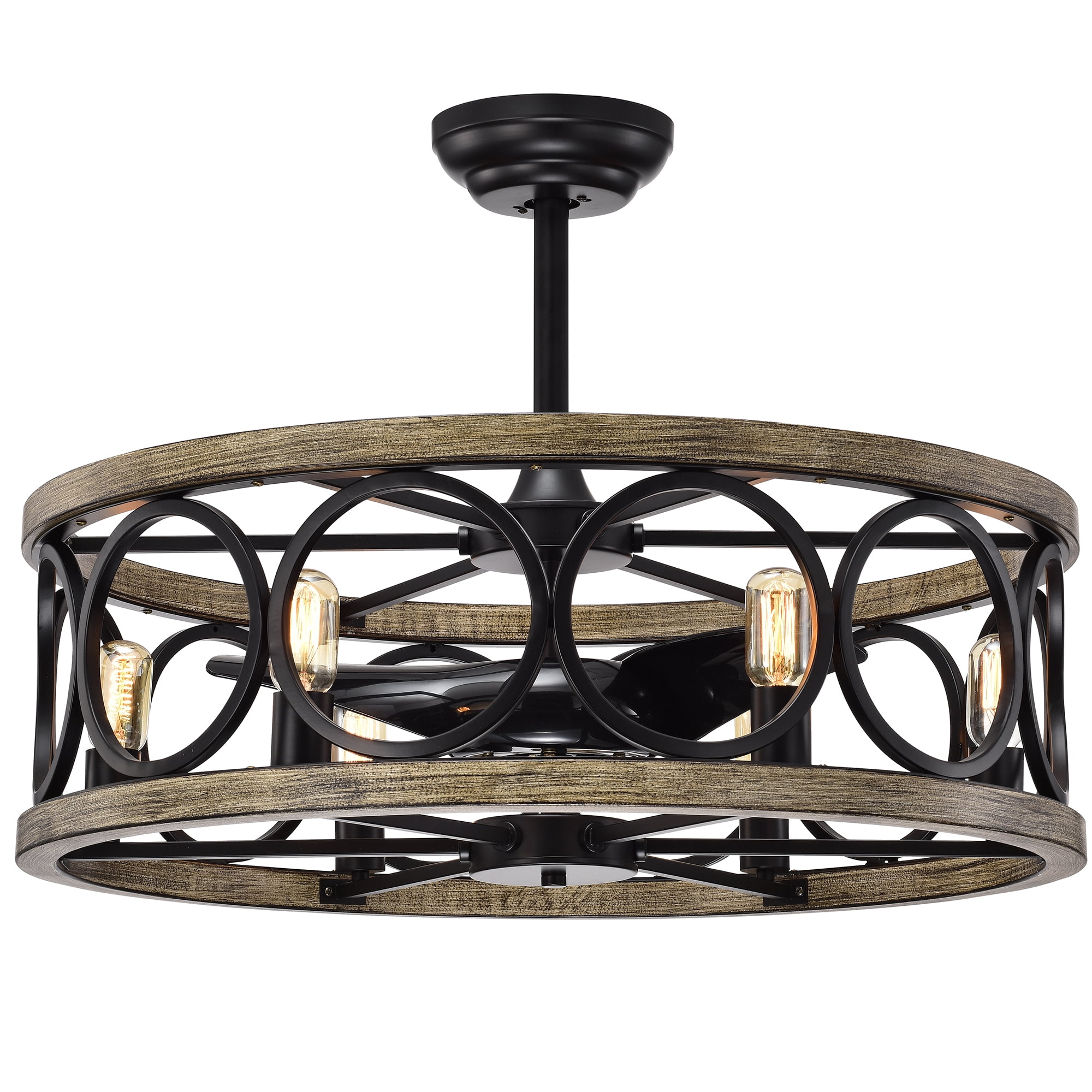 Marion Matte Black+Imitation Wood Grain 30-Inch 6-Light Open Metal Drum Shade Fandelier