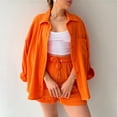 thumbnail image 2 of AURA Women Two Piece Outfit Long Sleeve Shirt Drawstring Shorts Casual Set, 2 of 8