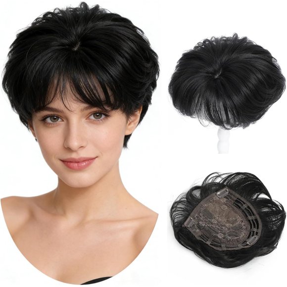 Yanonmyfd Short Hair Topper for Women Boost Volume,Clip in Textured Wavy Topper Hairpiece Synthetic Fibers with Breathable Rose Base 6.5x6.5 Inch T4-88# Salt-and-Pepper Gray Wiglet Hairpice for Mom