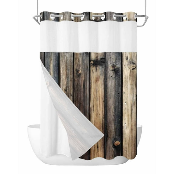 No Hook Shower Curtains with Snap in Liner, Retro Wooden Waterproof Fabric Shower Curtain, Modernism Vintage Black Brown Double Layers & See-Through Top Window Bathroom Curtains 60''x72''