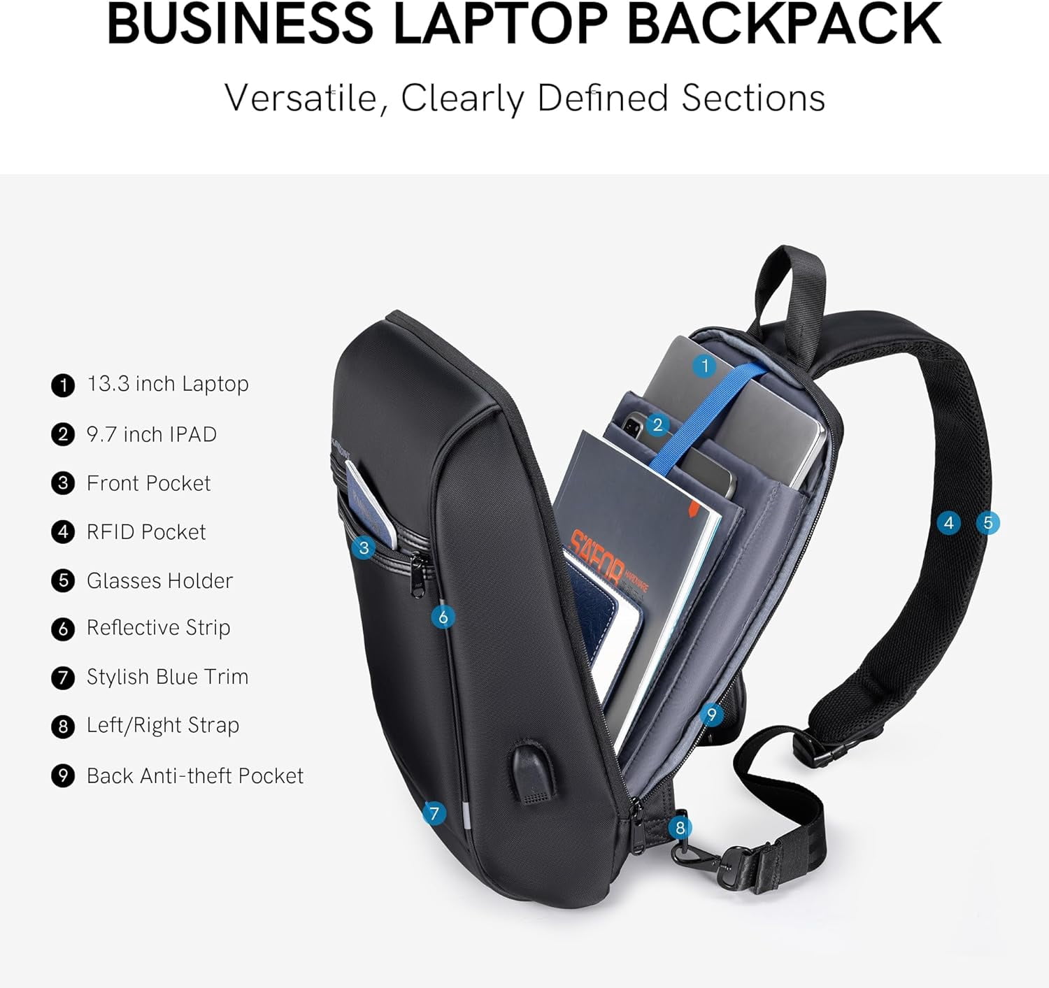 Kingsons Anti-Theft Laptop Sling Backpack - Waterproof 13" Hiking Daypack for Men with USB Port - Perfect for Travel and Camping-Black Kingsons Anti-Theft Laptop Sling Backpack - Waterproof 13" Hiking Daypack for Men with USB Port - Perfect for Travel and Camping-Black