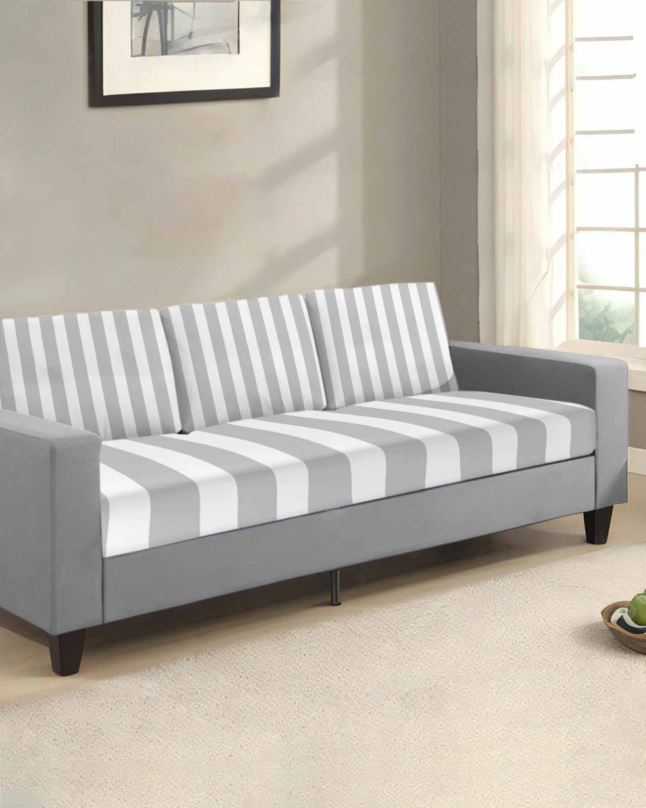 Grey Striped Couch Cushion Covers,Stretch Seat Cushion Covers for Sectional Sofa,Modern Farmhouse Gray White Stripes Loveseat Sofa&nbsp;Slipcovers Furniture Protector with Elastic&Straps 1Pcs,M