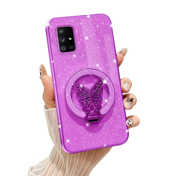 Fyxkocm for Samsung A71 5G Case with Butterfly Stand Compatible with Magsafe, Women Girls Bling Luxury Glitter Clear Phone Case Shockproof Protective Cover for Galaxy A71 5G, Purple
