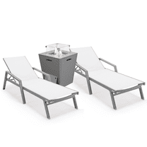 LeisureMod Marlin Set of 2 Gray Aluminum Lounge Chair & Fire Pit Set – Outdoor Patio Furniture for Backyard, Garden, or Porch