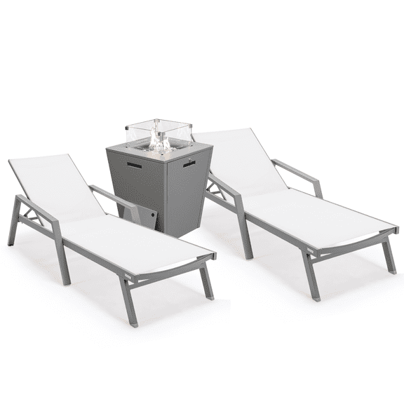 LeisureMod Marlin Set of 2 Gray Aluminum Lounge Chair & Fire Pit Set – Outdoor Patio Furniture for Backyard, Garden, or Porch