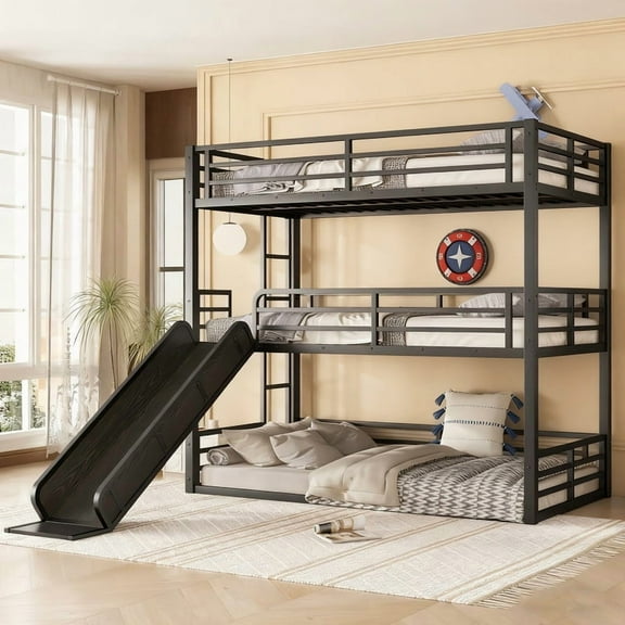 Bellemave Triple Bunk Bed with Slide, Twin XL Over Twin XL Over Twin XL Bunk Beds for 3, Metal 3 Bunk Beds with Ladder and Safety Guard, No Box Spring Needed (Balck）