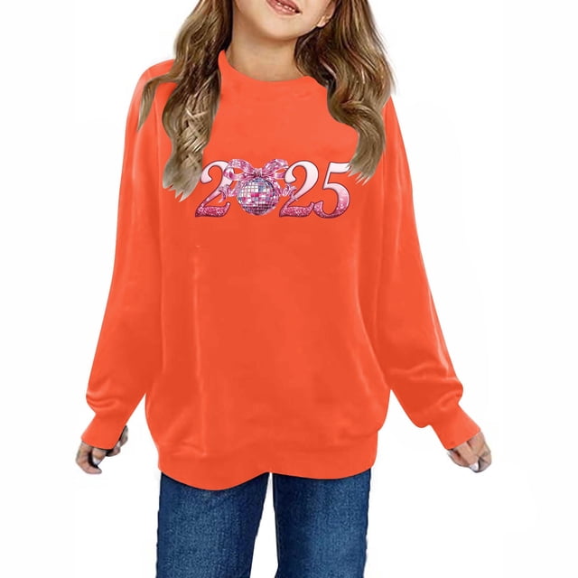 Chandails en Molleton pour Petites Filles 2025 Coton Manches Longues Col Rond Chandail-Over Chemise pour Enfants Orange