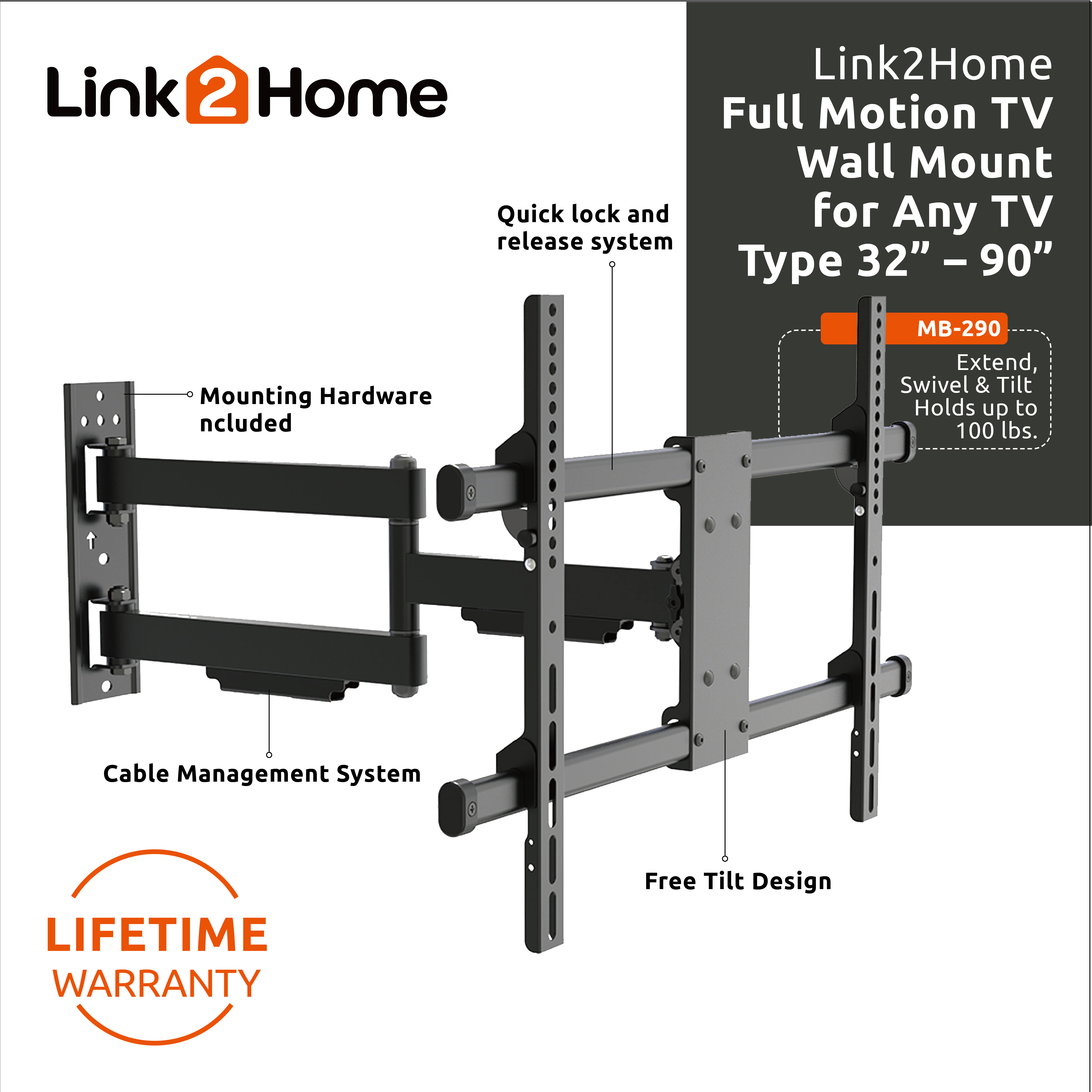 Link2Home Full Motion TV Wall Mount for 32–90 inch TVs, Up to 100 lbs.