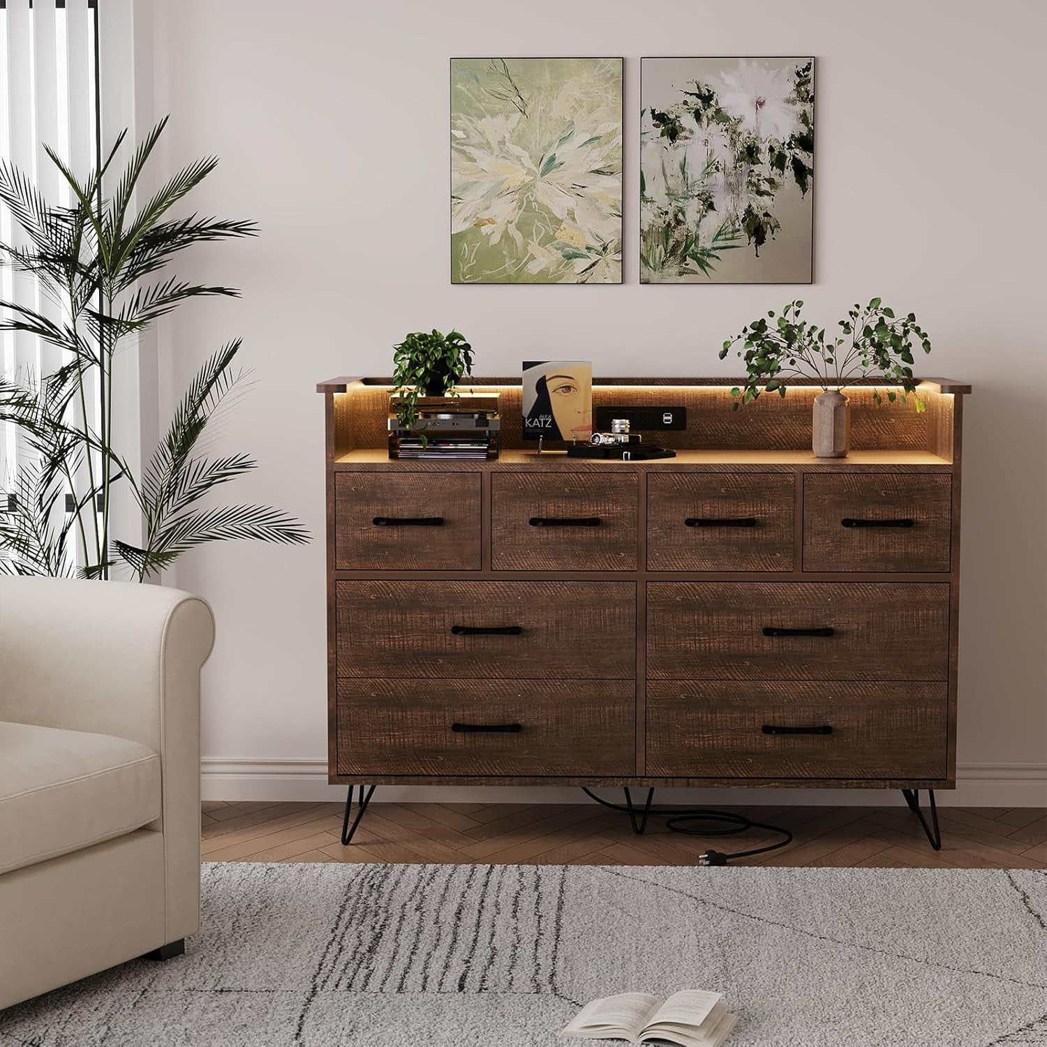 8 Drawer Wood Dressers for Bedroom with Led Light and Power Outlet, Wooden Dressers with Open Shelves and Gold Handle for Adult and Kids Bedroom, 16.6" Wide Modern Chest of Drawers for Living Room