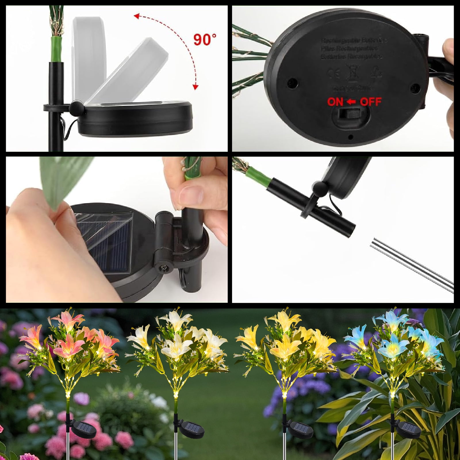 Solar Flower Lights Outdoor, 4 Pack Solar Powered Garden Lights with 28 Lily Flowers, Waterproof Pathway Lights for Outside Yard Patio Decor (Yellow, Blue, White, Pink)
