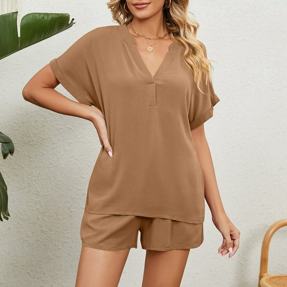 Riforla Women's Spring/summer Solid Color V Neck Loose T Shirt Shorts Home Casual Suit Shorts Set Elegant Women's Sets Khaki L