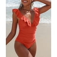 thumbnail image 3 of Charmo Ruffle One Piece Swimsuit Women V Neck Ruched Tummy Control Bathing Suits, 3 of 7