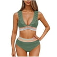 thumbnail image 2 of Women High Waisted Bikini Sets Ruffle V-Neck Swimsuits Color Block Two Piece Drawstring Bathing Suit, 2 of 7