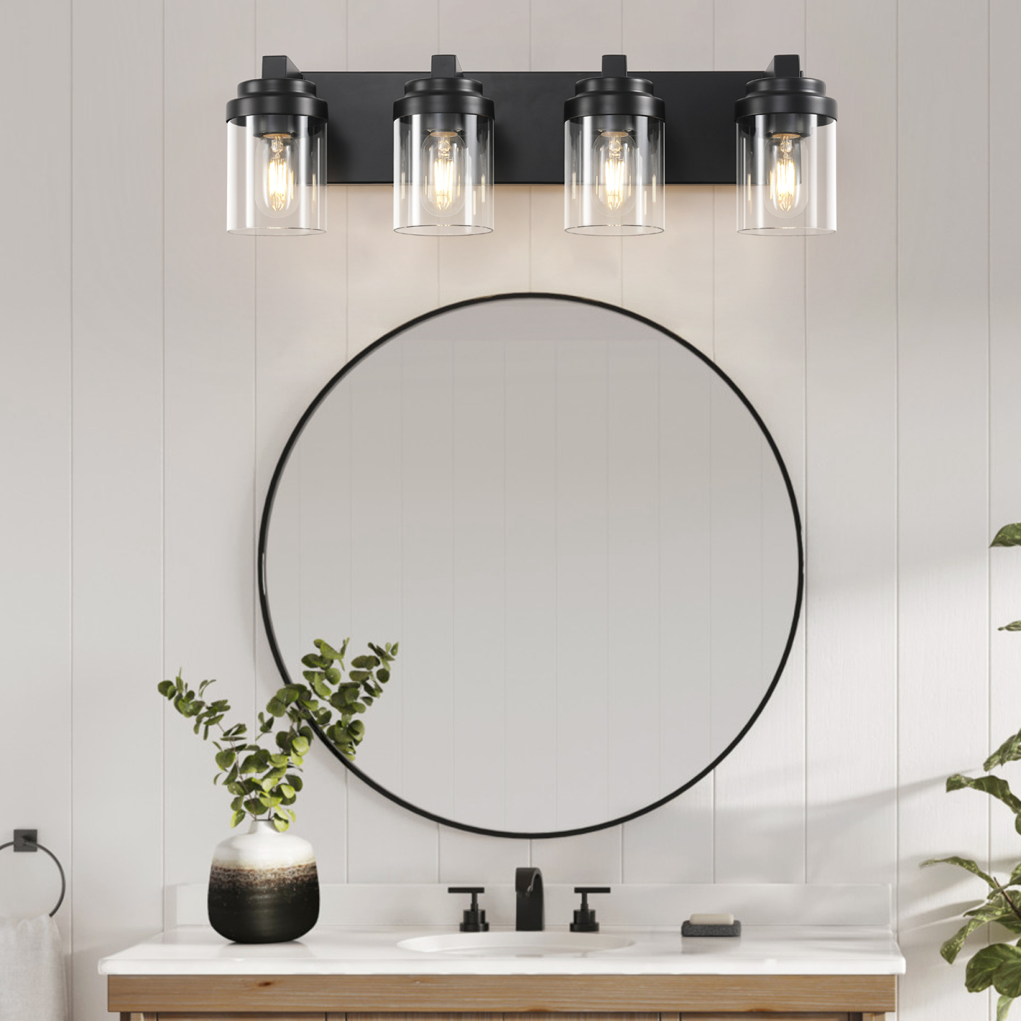 Leumius 4-Light Bathroom Light Fixtures Over Mirror Bathroom Vanity Light, Black Vanity Lights with Clear Glass Shade, Modern Bathroom Light Fixtures for Bedroom, Hallway(No Bulbs)