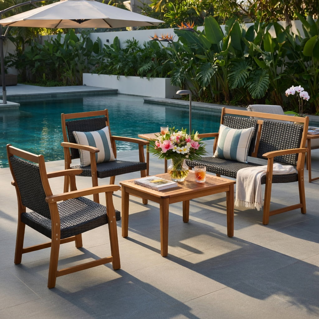 Hommoo 4-Piece Outdoor Patio Rattan Sofa Set with Solid Acacia Wood Frame, Weather-Resistant PE Rattan Loveseat, Single Sofas & Coffee Table for Backyard, Poolside, Garden, Reddish Brown