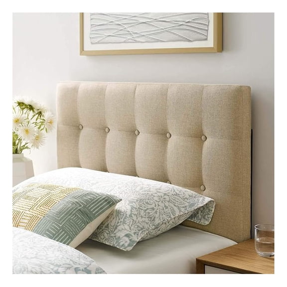 Tufted Button Linen Fabric Upholstered Twin Headboard in Beige