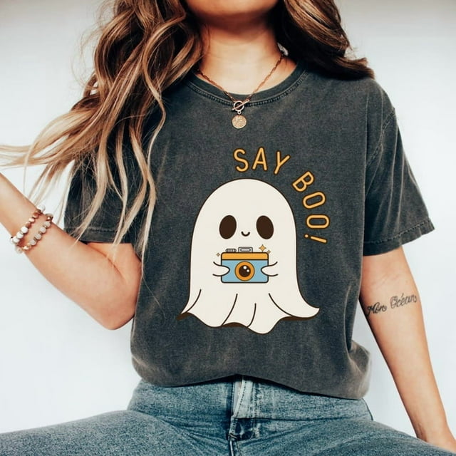 Say Boo T-SHIRT, Photographer Halloween T-SHIRT, Ghost With Camera T-SHIRT, Halloween Gift - Ivory - 2XL