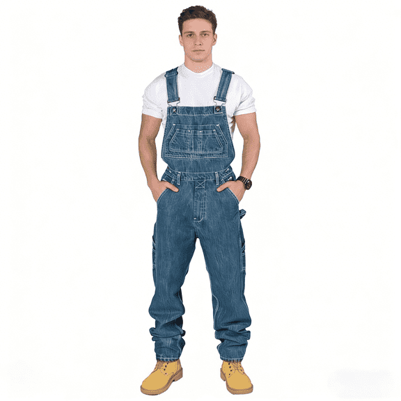 2026 New Men’s Denim Bib Overalls, Retro Workwear Loose Straight Leg, Multi-Pocket Adjustable Straps, Durable Casual Streetwear Denim Jumpsuit, Standard Sizes 30-40