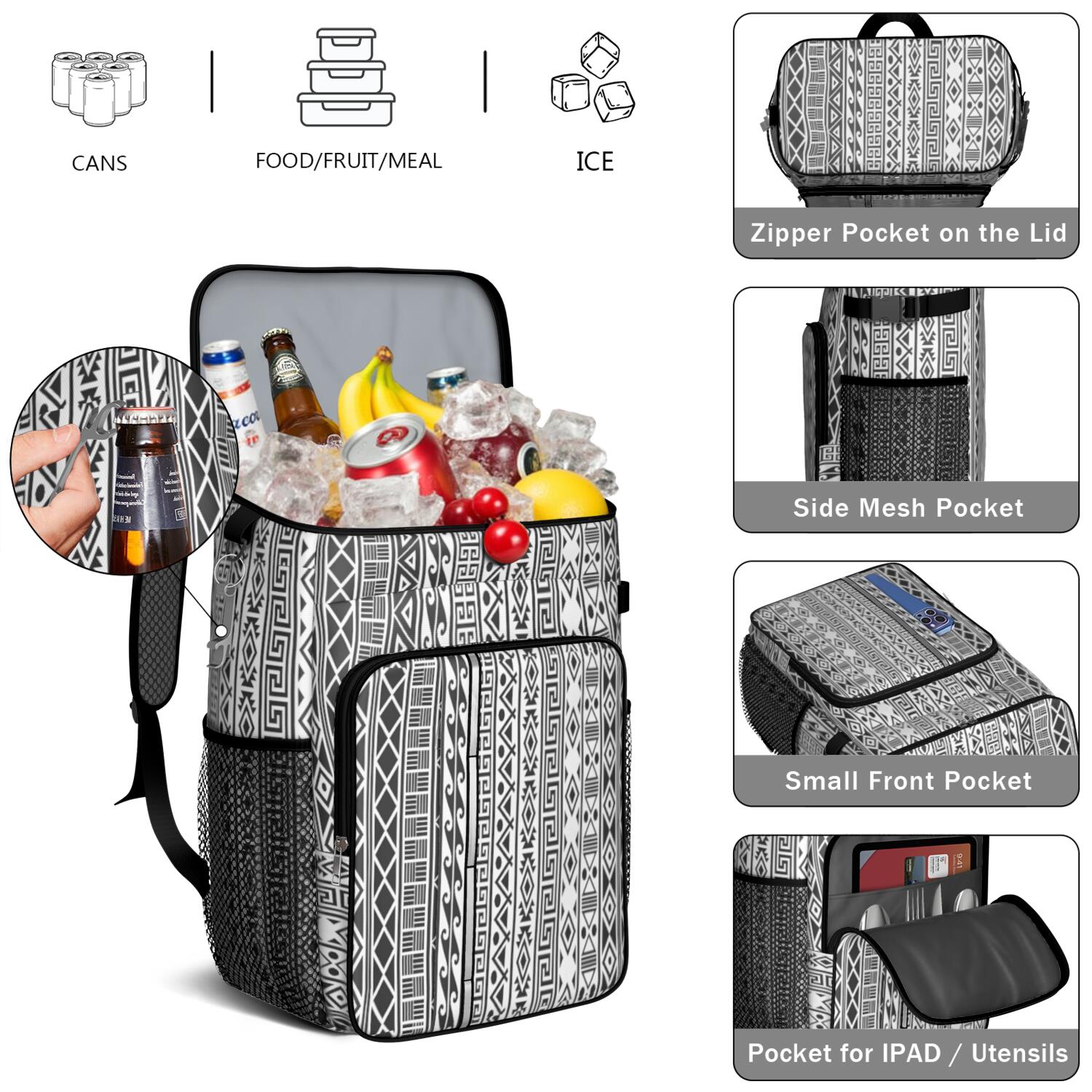 Travel Cooler Bag - Boho Bohemia Pioneer Flower Geometric Line Art Camping Beer Cooler Backpack with Bottle Opener- Waterproof Insulated Picnic Backpacks - Cooler Bag for Beach