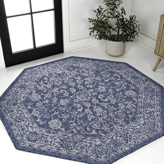 JONATHAN Y SANTA MONICA 8' Octagon Area Rug, Tela Bohemian Textured Weave Floral - Navy/Gray, SMB100B-8TGN