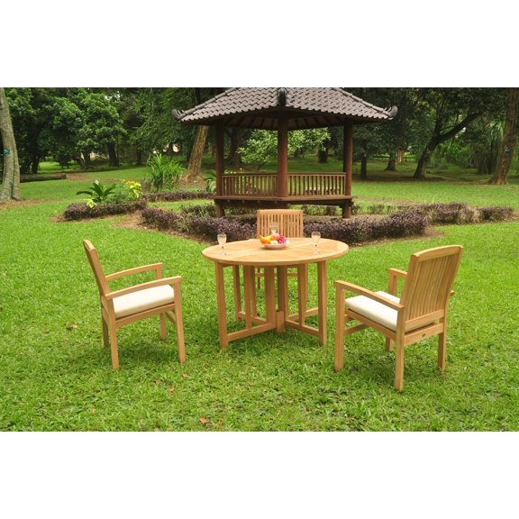 Grade-A Teak Dining Set: 3 Seater 4 Pc: 48" Round Butterfly Table And 3 Wave Stacking Arm Chairs Outdoor Patio WholesaleTeak #WMDSWVh