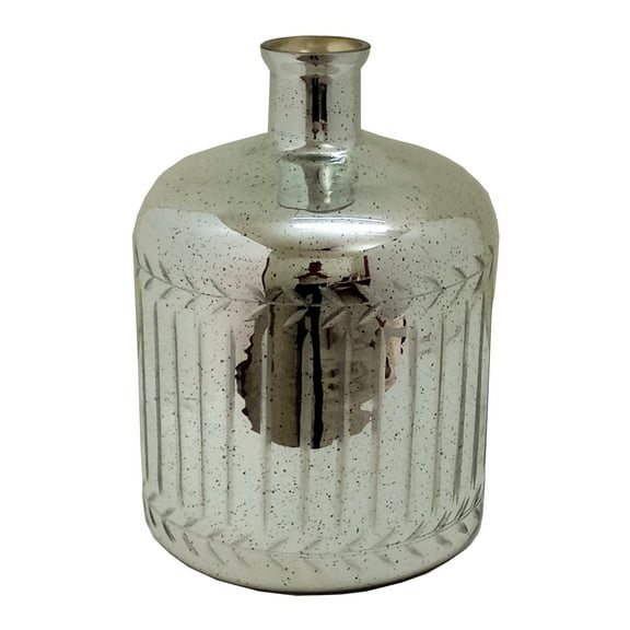 A&B Home Vase with Narrow Mouth and Vine Design Trim - 12" x 14" - Silver Finish
