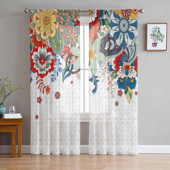 Bohemian Floral Semi Sheer Curtains 63 Inch Length 2 Panels Set, Retro Abstract Flowers Boho Ethnic Sheer Kitchen Curtain Privacy Voile Window Curtain for Living Room Bedroom Rod Pocket Drapes