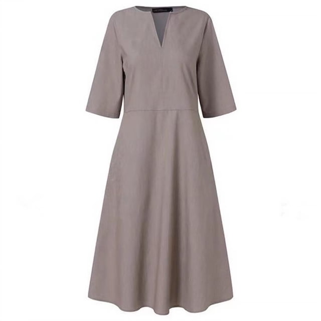 Qarigey Mujer Bolsillos Cuello en V Medias mangas Color sólido Midi Vestido Prendas para la parte del cuerpo Gris METRO Qarigey AP002033-02