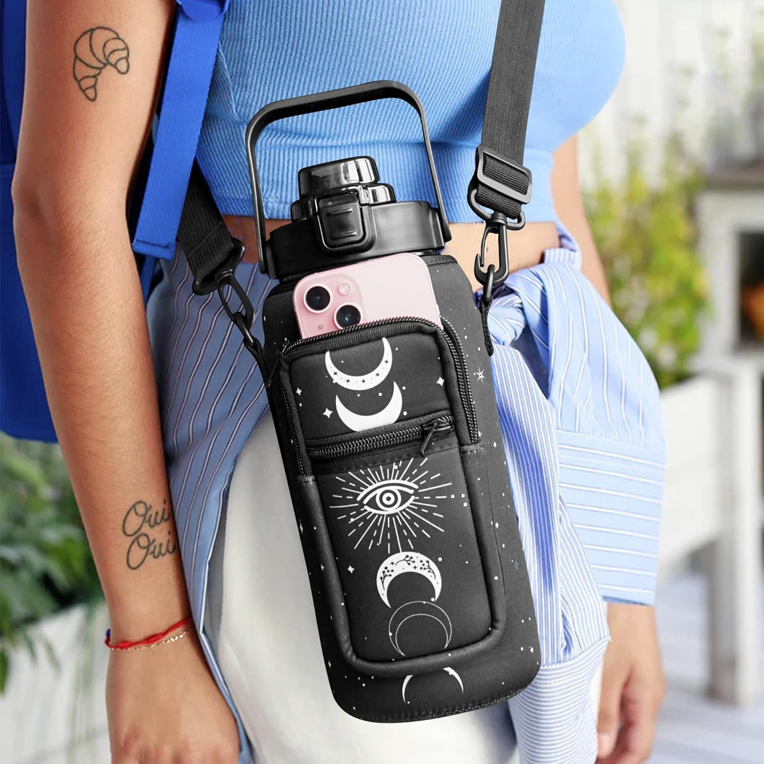 Goth Moon Half Gallon Water Bottle with Sleeve, 64 Oz Water Bottle with Measurements Marked, Leakproof-Free Drinking Water Bottle, Sports Water Bottle BPA Free Half Gallon Water Jugs
