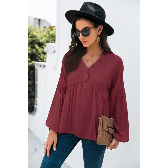 Button Detail V Neck Bishop Sleeve Solid Color Blouse for Women