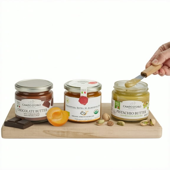 Mercato di Bellina Italian Spread & Jam Gift Set - Includes Apricot Jam, Pistachio Butter & Chocolate Spread Made in Italy, Ideal for Breakfast Gift Basket, Holidays, Thank You, Get Well Soon