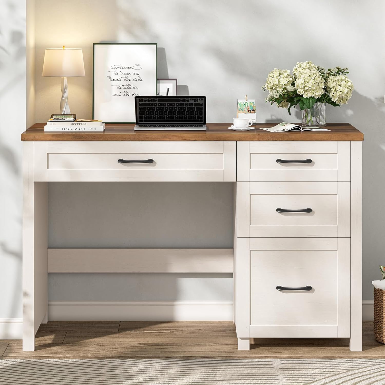 Farmhouse 47" Executive Desk with File Drawer, Wood Computer Desk with 3 Storage Drawers, Workstation for Home Office, Study, Writing(Unique White)