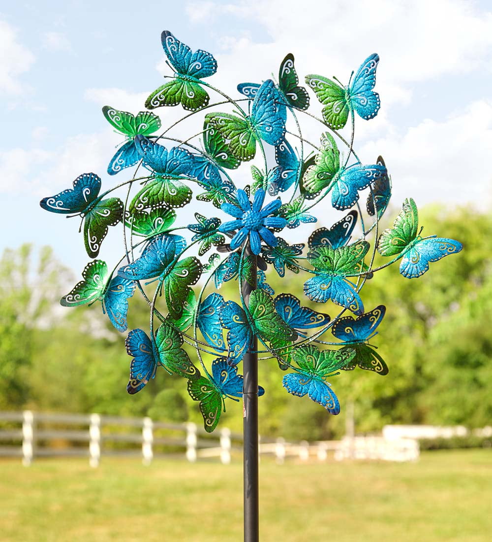Blue and Green Butterflies Metal Wind Spinner for Gardens by Problem Solvers