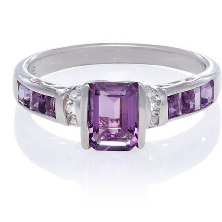Amethyst Emerald-Cut with Square Amethyst and Round White Topaz Sterling Silver Ring, Size 7