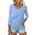 thumbnail image 2 of Outfmvch Elbow Length Tee Shirts for Women,Gradient Shirt,Tunic Tee,V Neck 3/4 Sleeve Tops Color Block/Solid Shirts Basic Tees,3/4 Sleeve Tunic Tops for Women,Top for Women Sky Blue XL, 2 of 7