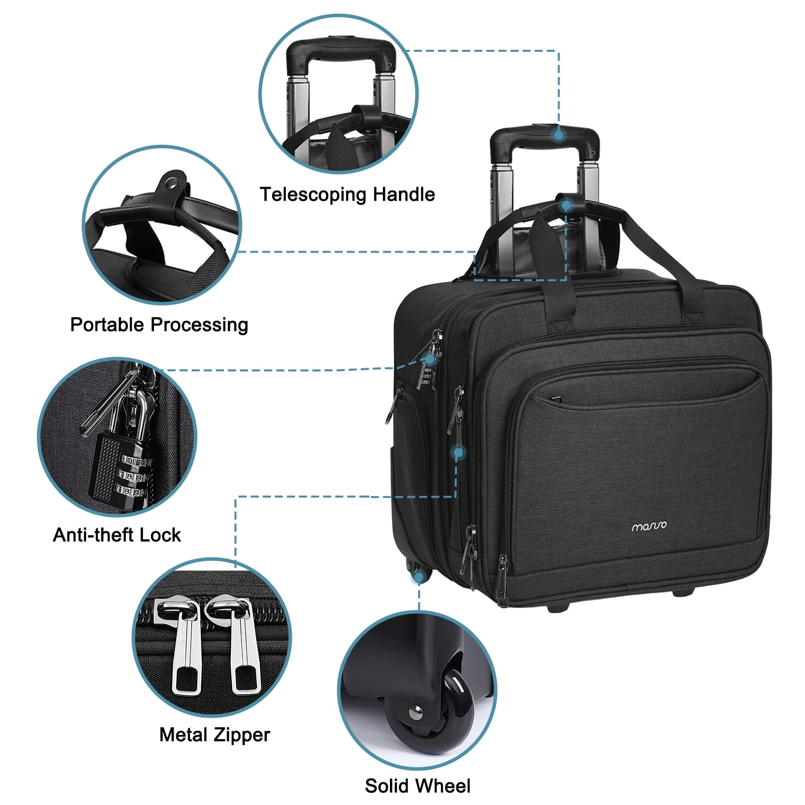 Mosiso 15-16 inch Rolling Briefcase Laptop Bag Case with Wheels for Women Men, Expandable Overnight Computer Bag with Coded Lock&Trolley Belt for Travel Business School