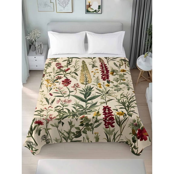 Vintage Plant Full Size Flat Sheet, Wrinkleproof & Fadeproof Cooling Flat Bed Sheet Only, Boho Botanical Flowers Green Leaf Ferns Breathable Soft Bedding Top Sheets 81 x 96 Inches