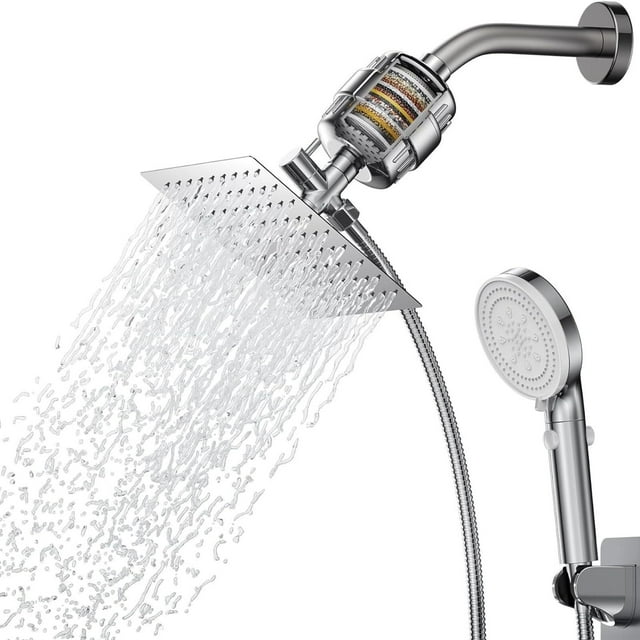 Juego de Ducha de Baño Con Filtro, 5 Niveles de Presión de Agua Ajustable, Dos Modos de Ducha: Cabezal de Ducha Fijo y Cabezal de Ducha de Mano, Cabezal de Ducha de Alta Presión