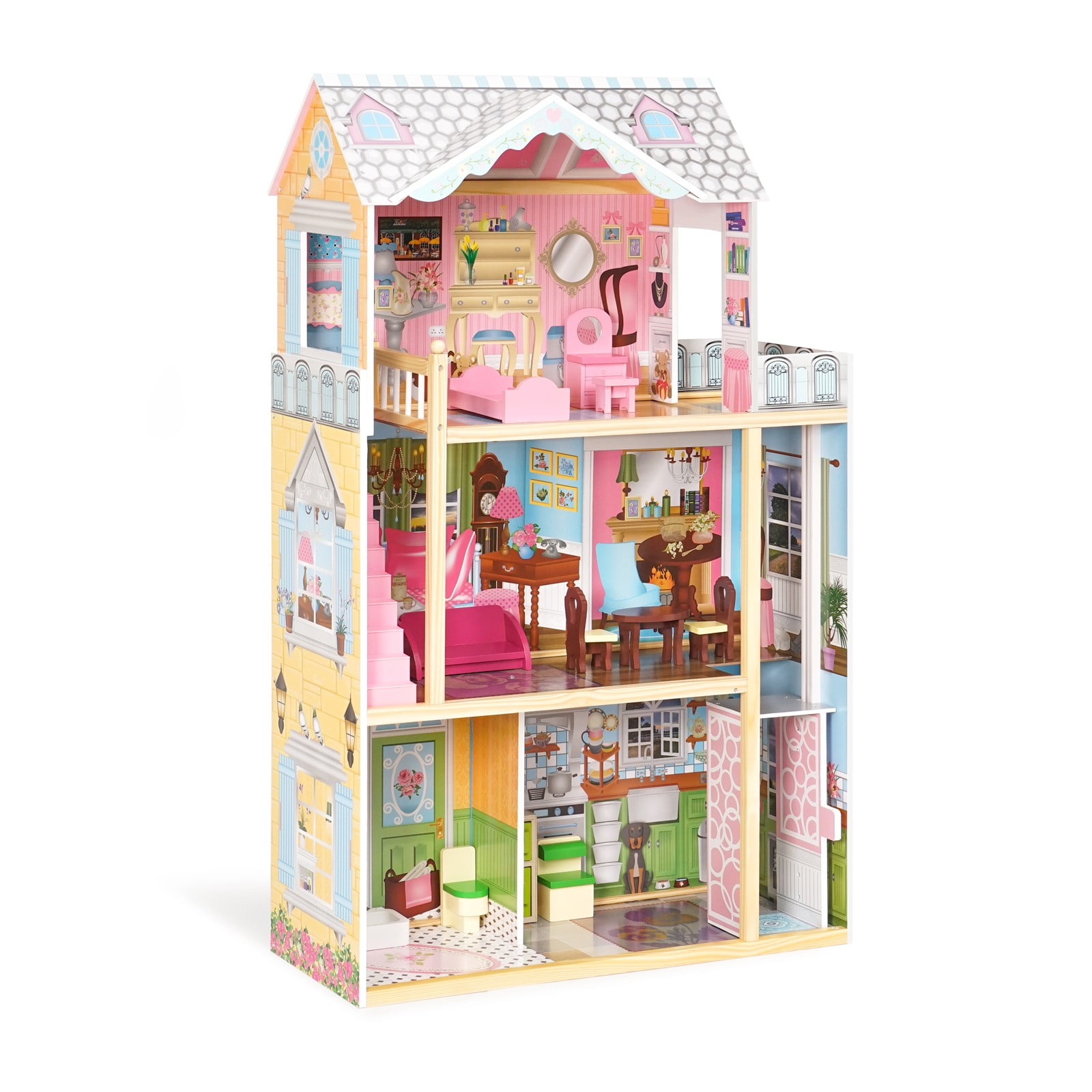 Funnytoys Wooden Dollhouse with Elevator, Balcony and 10 Accessories, 3