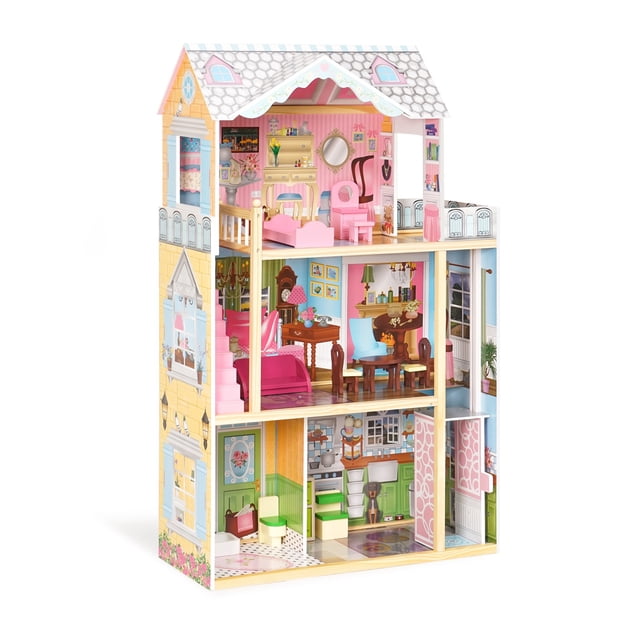 FreshTop Wooden Dollhouse with Elevator, Balcony and 10 Accessories, 3