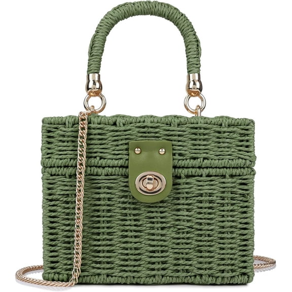 Handwoven Rattan Bag for Women Straw Beach Tote Bag Top Handle Satchel Handbag with Chain Strap