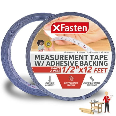 XFasten Adhesive Backed Measurement Tape, White, 1/2" x 12 Ft, Self-Stick Ruler