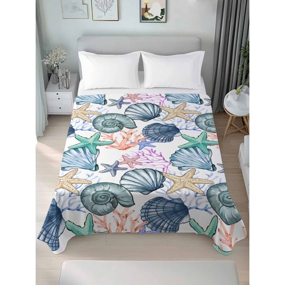 Coastal Beach Twim XL Size Flat Sheet, Wrinkleproof & Fadeproof Cooling Flat Bed Sheet Only, Watercolor Nautical Starfish Shell Breathable Soft Bedding Top Sheets 66 x 102 Inches