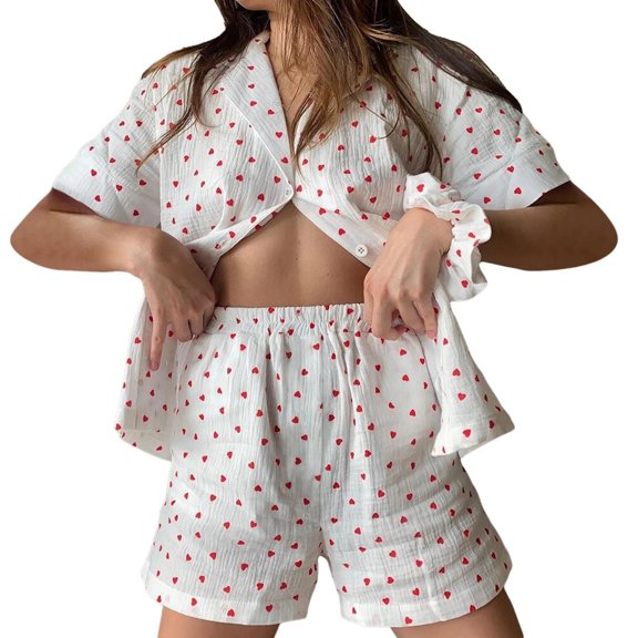 Bibifish Womens Pajama Sets White Black Small Heart Print Summer Short Sleeve Pj Sets Button Down Top And Shorts Breathable Cozy 2 Piece Pj Sets