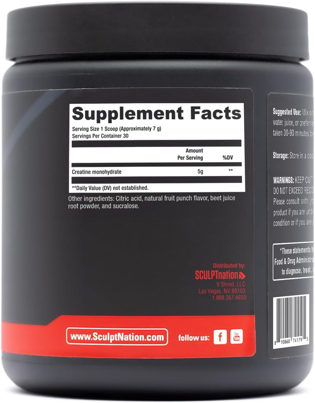 Sculpt Nation Muscle and Energy Support Creatine Monohydrate Amino Acid Supplement Powder, Fruit Punch, Workout Recovery, 30 Servings