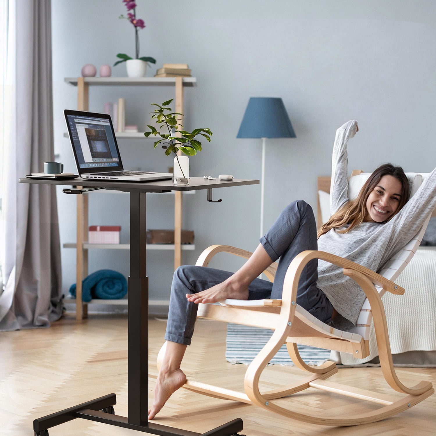 Gas Spring Height Adjustable Mobile Sit-Stand Mini Desk, Lockable Casters & Headphone Hook, Rolling Laptop Side Desk 28.5"-42.7" Height Range